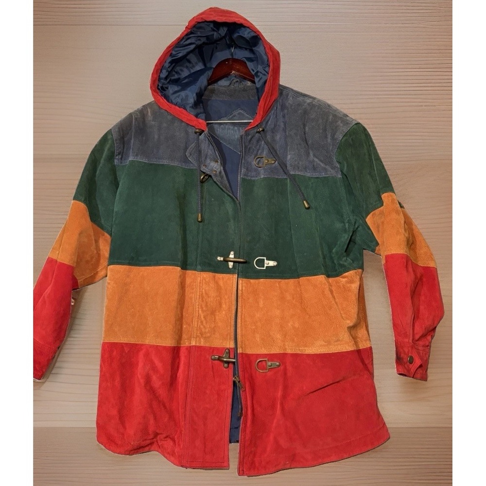 Vintage Gitano Large Jacket Multi Color Stripe Suede Leather Hooded Coat